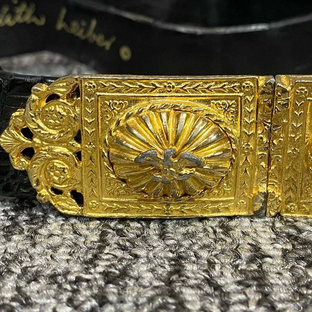 Judith Leiber Crocodile Belt Womens Large Black Gold Ornate Eagle Buckle Vintage